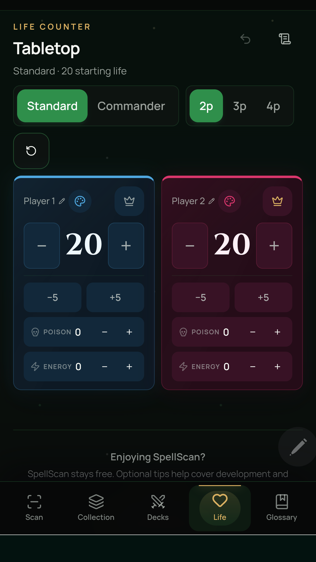 SpellScan life counter screen
